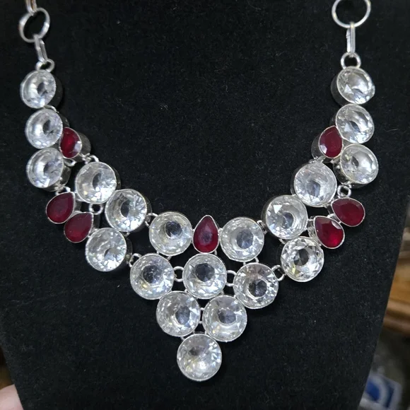 Quarts & garnet sterling silver bib necklace - Picture 8 of 12